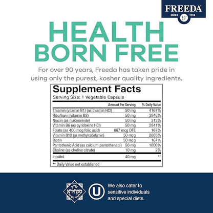 FREEDA High Potency Super B-Complex – B1, B2, B3, B5, B6, Biotin, Folic Acid & B12 – Energy, Mood & Nervous System Support – Vegan, Kosher, Gluten-Free – 250 Capsules