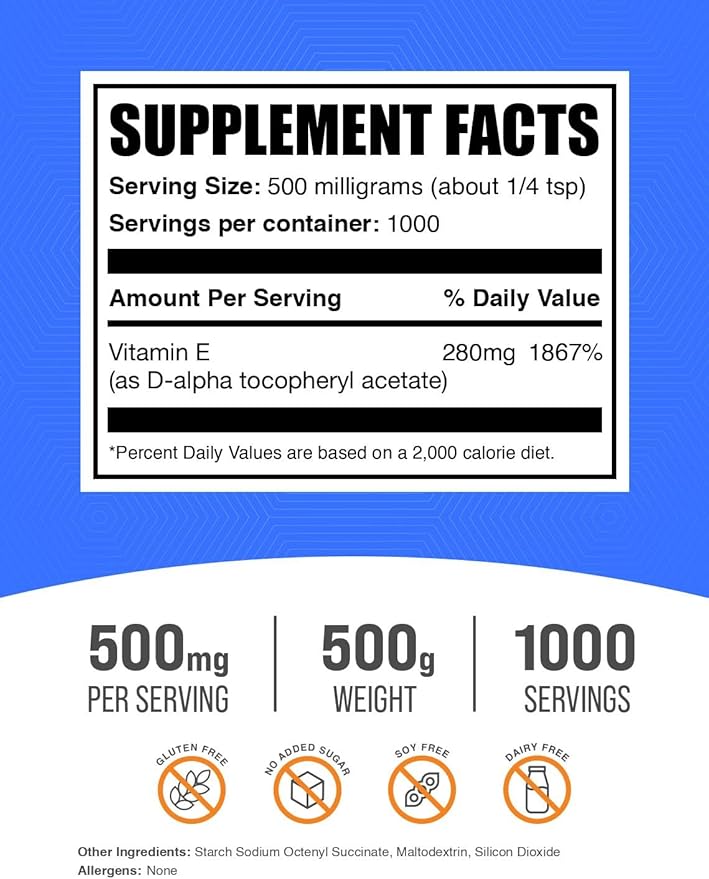 BulkSupplements.com Vitamin E 400 IU Powder - as D-Alpha Tocopherol, Vitamin E Supplements - Gluten Free, 500mg per Serving, 500g (1.1 lbs) (Pack of 1)