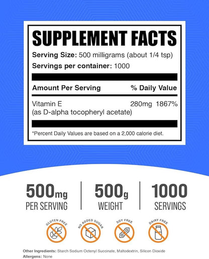 BulkSupplements.com Vitamin E 400 IU Powder - as D-Alpha Tocopherol, Vitamin E Supplements - Gluten Free, 500mg per Serving, 500g (1.1 lbs) (Pack of 1)