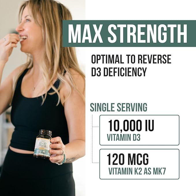 Organic Plant D3 + K2 | 10000 IU D3 + 120 mcg K2 as All-Trans MK7 from MenaQ7® - 100% Whole Food, Raw & Vegan | Enhanced Digestion with Prebiotic & Superfood Complex – D3 from Organic Algae (60 Count)