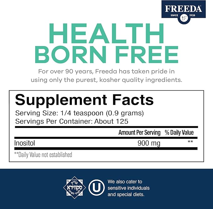 FREEDA Pure Myo-Inositol Powder – Vitamin B8 for Hormone Balance, Fertility & Mood Support – PCOS & Ovarian Health Supplement – Vegan, Kosher, Gluten-Free, Unflavored, Made in USA – 4 oz