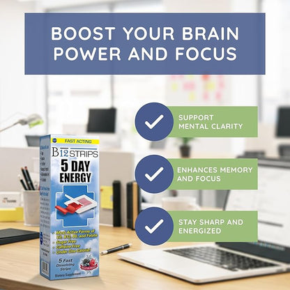 2,000 mcg Methylcobalamin Vitamin B12 Sublingual Energy Strips | Biotin, B6, 5-MTHF L-Methylfolate | Sublingual B12 Vitamins, Folate | Energy, Brain Health, Nerve Function - 5 Strips