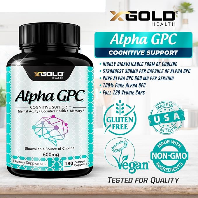 Alpha GPC Choline Supplement 600mg, 99%+ Highly Purified, Highly Bioavailable Source of Choline,180 Veggie Capsules, Cognitive Enhancer Nootropic, Supports Memory & Brain Function, Boosts Focus & Mood