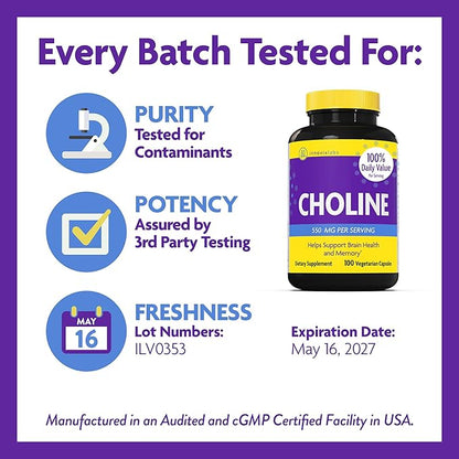 InnovixLabs Choline Supplement 550mg Pure Choline Bitartrate for Brain Health, Focus, Memory, Cognitive Development, Fatty Liver and Mood Support for Women and Men, 100 Capsules