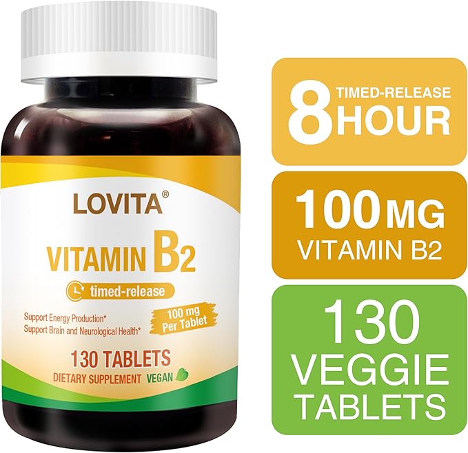 Lovita Vitamin B2 (Riboflavin) 100mg, Timed Release, 8 Hours Sustained, Support Metabolism & Nerve Health, 130 Vegan Tablet