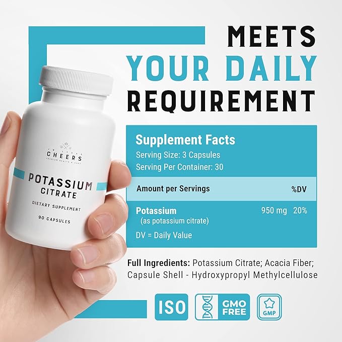 Cheers Potassium Citrate, 20% Daily Value, 316 mg per Capsule, 90 Capsules, Vegan Potassium Supplement for Adults, Natural Mineral Electrolyte - Pack of 2