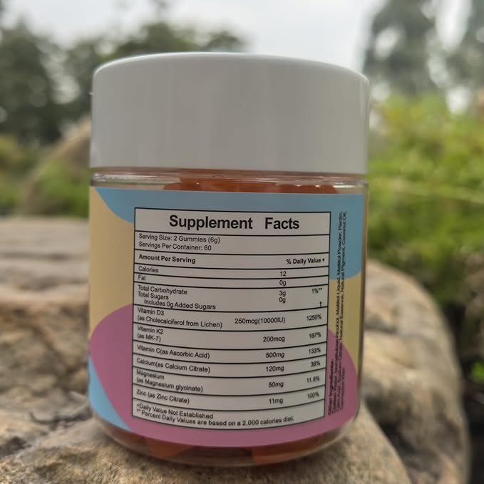 Vitamin D3 K2 Sugar-Free Gummies,Vitamin D3 10000 IU with K2 200mcg,VitaminC,Calcium,Magnesium,Zinc,Support for Bones,Joints,Muscles,Nerves,and Immune System (60, Orange)