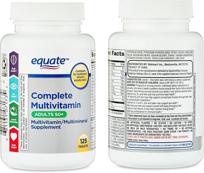 Equate Adult 50+ One Daily Complete Multivitamin Multimineral Supplement Tablets, Healthy Brain 125 Pills (Pack of 1)
