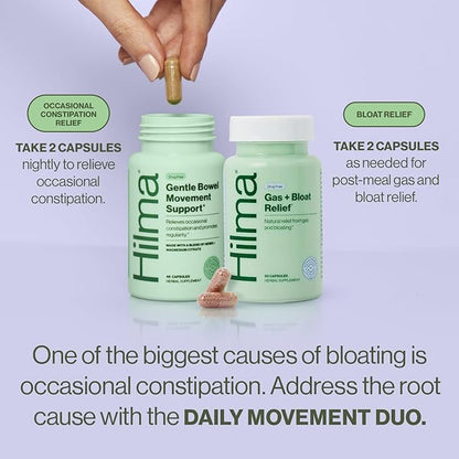 Hilma Daily Movement Duo for Constipation & Bloating Relief for Women, Gas Plus Bloat Relief (50 Vegan Capsules) w/Lemon & Peppermint, Gentle Bowel Movement (46 Vegan Capsules) w/Magnesium & Ginger