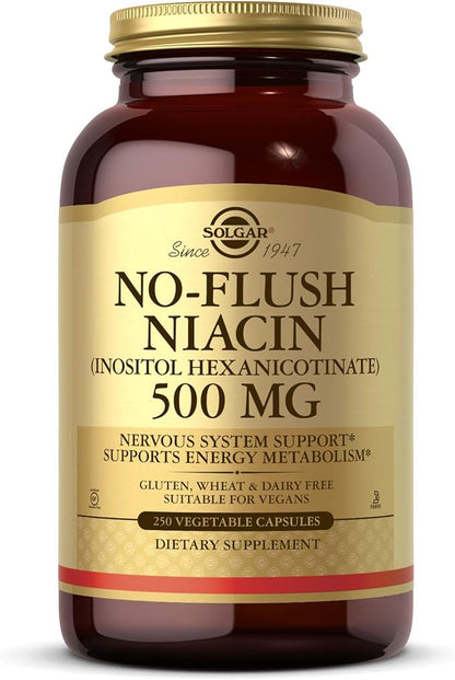 Solgar No-Flush Niacin 500 mg, 250 Vegetable Capsules - Supports Energy Metabolism - No-Flush Delivery - Vegan, Gluten Free, Dairy Free, Kosher - 250 Servings