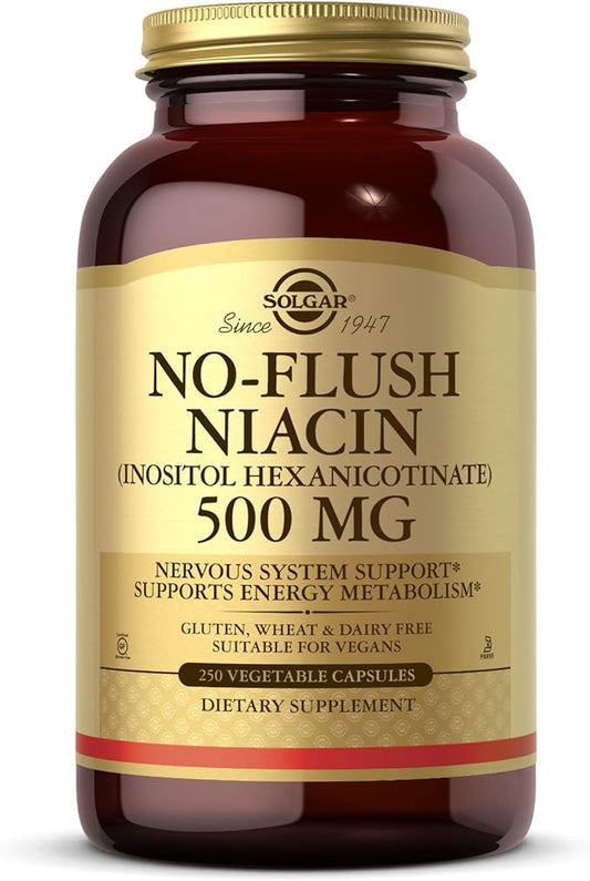 Solgar No-Flush Niacin 500 mg, 250 Vegetable Capsules - Supports Energy Metabolism - No-Flush Delivery - Vegan, Gluten Free, Dairy Free, Kosher - 250 Servings