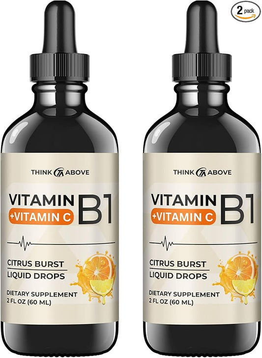 Vitamin B1 + Vitamin C Liquid Drops - Energy & Immune Support Supplement - 2 fl oz (60 ml) Pack of 2 - Fast Absorption, Easy-to-Use
