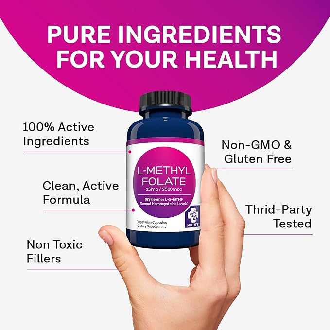 MD Life L-Methylfolate 2.5 mg Supplement - Professional-Grade Active L Methylfolate Supplement - 60 Capsules - L-Methylfolate 2.5mg - Maximum Potency MTHFR W/ Essential Amino Acids