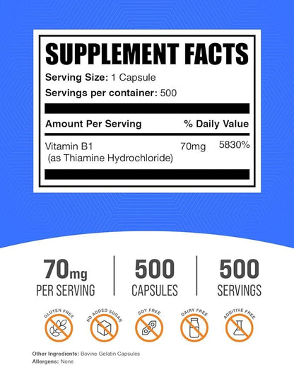 BulkSupplements.com Thiamine HCl Capsules - Thiamine Hydrochloride, Vitamin B1 Supplements - Gluten Free, 1 Capsule per Serving, 500 Count (Pack of 1)
