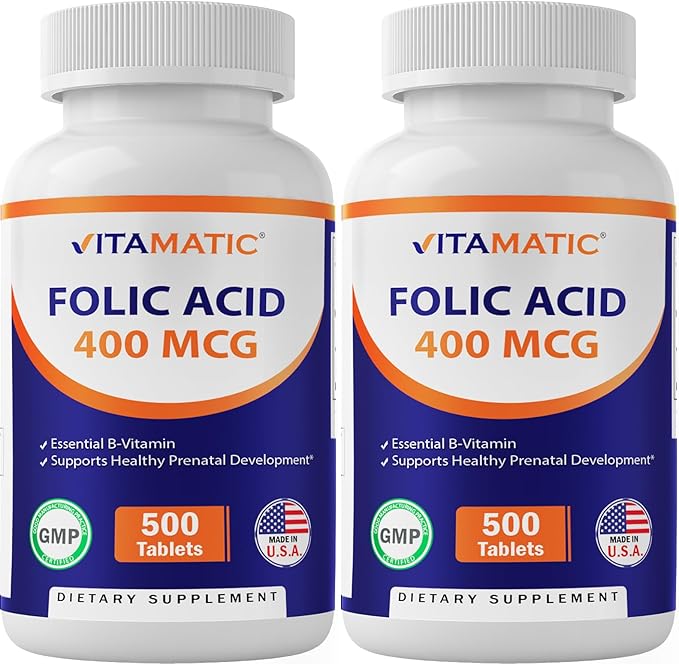 Vitamatic Folic Acid 400 mcg - 500 Vegetarian Tablets - Vitamin B9-2 Pack