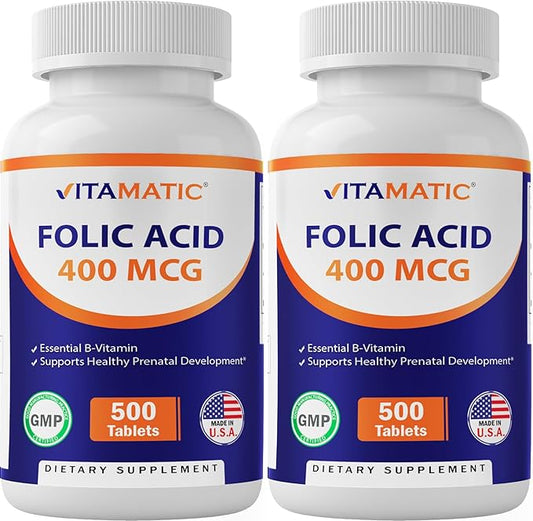 Vitamatic Folic Acid 400 mcg - 500 Vegetarian Tablets - Vitamin B9-2 Pack