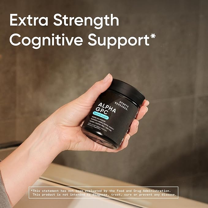 Sports Research® Alpha GPC 630mg (Extra Strength) - Bioavailable Source of Choline - Focus & Cognitive Support for Women & Men - Vegan Certified · Non-GMO · Gluten Free - 120 Liquid Capsules