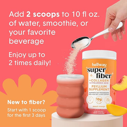 Bellway Super Fiber Powder + Collagen, Sugar-Free Psyllium Husk Powder with Collagen Peptides and Hyaluronic Acid for Digestive Health, Healthy Skin, Nails, Bones & Joints, Peach Mango (20 Servings)