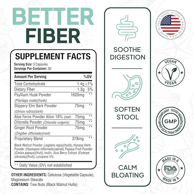 Better Fiber - Daily Fiber Supplement - Soften Stool for Effortless Bowel Movements - with Psyllium Hulk and Slippery Elm - 6 Bottles