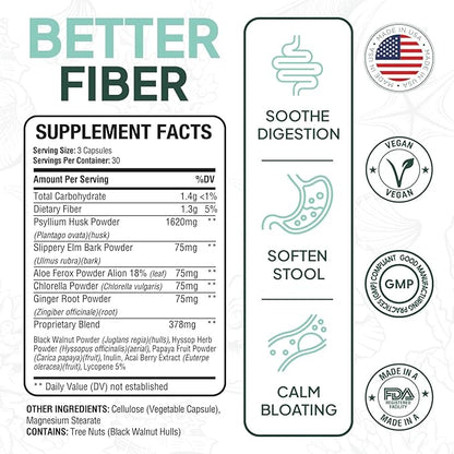 Better Fiber - Daily Fiber Supplement - Soften Stool for Effortless Bowel Movements - with Psyllium Hulk and Slippery Elm - 6 Bottles