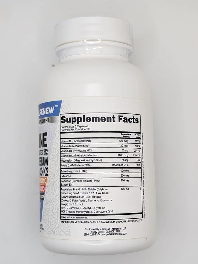 Clean Nutra TMG Trimethylglycine Supplement 1,000mg + Taurine Methylated Multivitamin for Women Men B6 B12 D3 K2 Magnesium Methylfolate Milk Thistle Omega 3 NAC L Carnitine COQ10 B Complex Vitamin