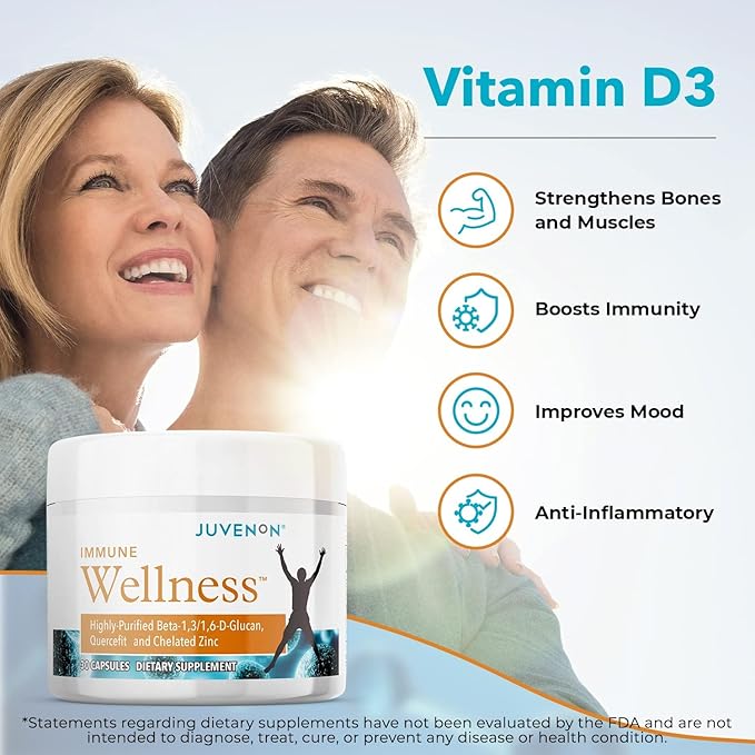 Juvenon Immune Wellness Defense Supplement with Vitamin C, Chelated Zinc Immune Booster Antioxidant Benefits for Adults, Healthy Aging, Heart Health, 30 Capsules