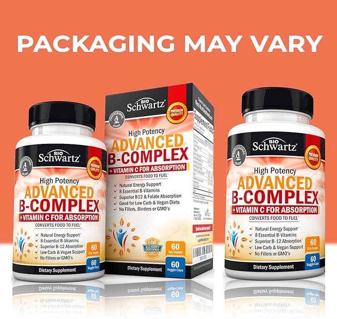 Vitamin B Complex with Vitamin C for Maximum Absorption - Methylcobalamin b12 & Folate Folic Acid Supplement - B1 B2 B3 B5 B6 B7 B9 for Immune Energy & Nervous System Support - Non-GMO, 60 count