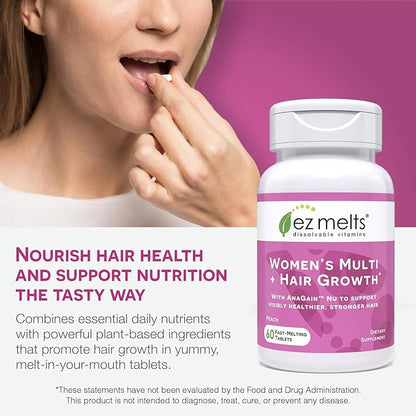 EZ Melts Dissolvable Women’s Multivitamin + Hair Growth with Biotin, Bamboo Extract & Clinically Studied AnaGain Nu, Supports Visibly Healthier, Stronger Hair, Sugar-Free Peach Flavor - 1 Pack