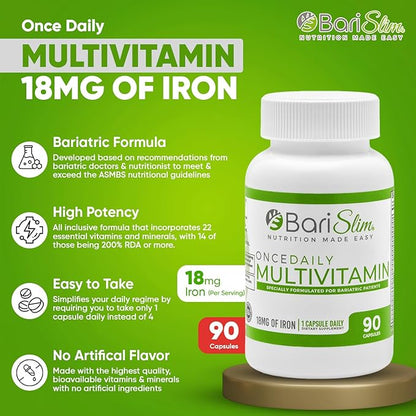 BariSlim Once Daily Bariatric Multivitamin Capsule - 18mg of Iron - Bariatric Vitamin & Supplement for Post Surgery Including Gastric Bypass & Gastric Sleeve | 90 Day Supply