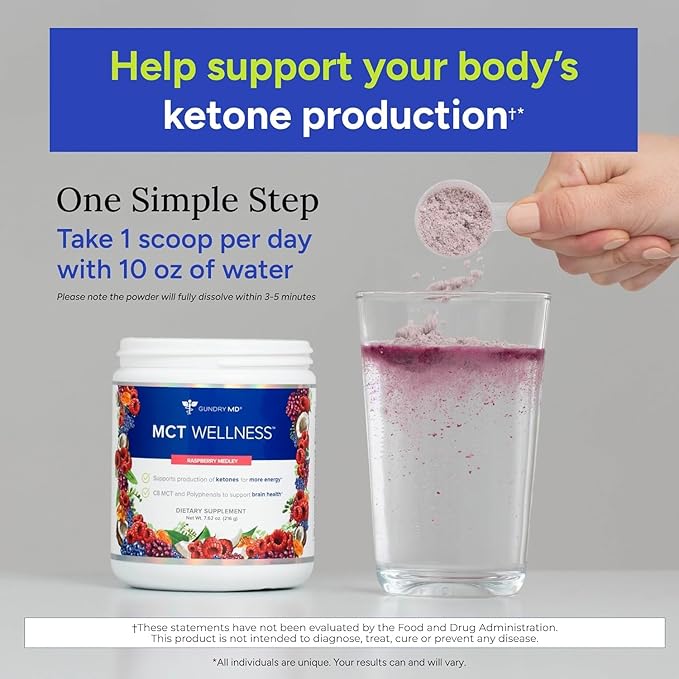 Gundry MD MCT Wellness Powder to Support Energy, Ketone Production and Brain Health, Keto Friendly, Sugar Free (90 Day Supply, Raspberry Medley)