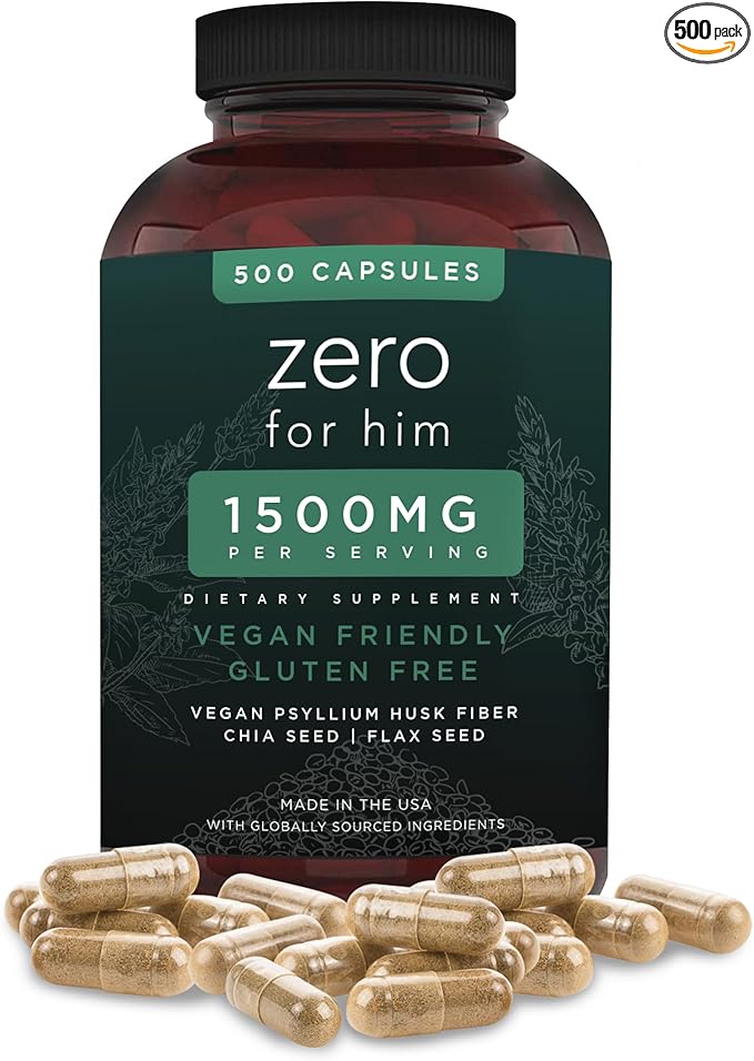 California Basics Vegan Fiber Supplement Capsules (500 Count) - Daily Dietary Chia Flaxseed Psyllium Husk - Normal Strength Digestive Support - Stool Hardener for Men