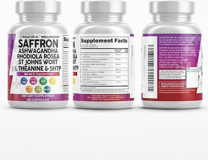 Clean Nutraceuticals Saffron Supplements Extract 100mg + Ashwagandha L-Theanine 200mg - Mood Support Ginkgo Biloba, St. John's Wort, Rhodiola Rosea & 5-HTP Capsules Pills Men Women