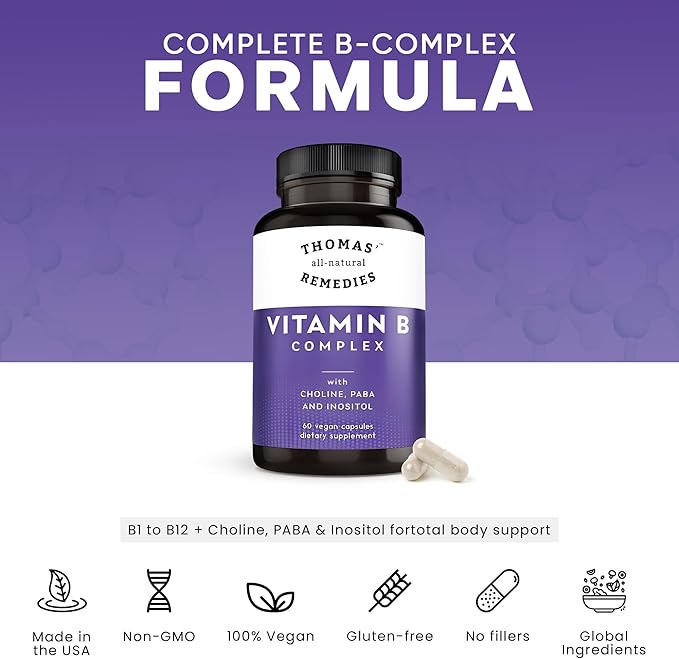 Thomas' all-natural Remedies Vitamin B Complex with Choline, PABA & Inositol, Supports Energy Metabolism, Clarity & Nerve Support, Hair Skin Nails Vitamins, Made in USA, 60 Vegan Capsules