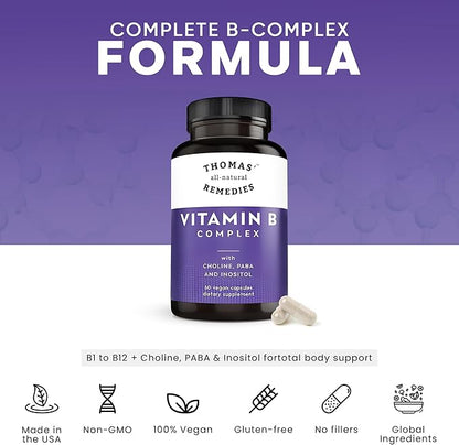 Thomas' all-natural Remedies Vitamin B Complex with Choline, PABA & Inositol, Supports Energy Metabolism, Clarity & Nerve Support, Hair Skin Nails Vitamins, Made in USA, 60 Vegan Capsules