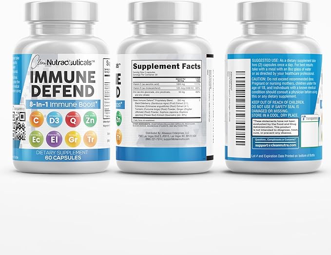 Clean Nutraceuticals Immune Defense Support Supplement 8 in 1 with Zinc 50mg Quercetin, VIT C 1000mg, Vitamin D3 5000 IU, Elderberry, Ginger - Immunity System Booster for Adults, Vegan - 60 Count