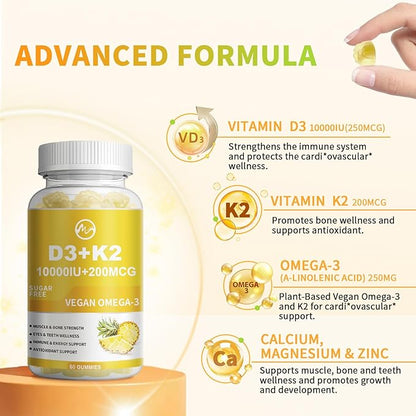 Vitamin D3 K2 Gummies, Vitamin D3 10000IU, K2 (MK-7) 200mcg, 6-in-1 Vitamina D3 Con K2 Supplement with Omega-3, Magnesium, Calcium and Zinc for Bones, Teeth & Immune Support, Sugar Free, 1 Pack