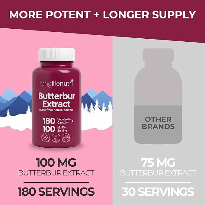 Butterbur Extract 100mg - Petasites Hybridus Root Extract, 180 Vegetarian Capsules, 6 Month Supply, Organic Supplement for Head Comfort & Neural Calm, GMP Certified, Made in USA