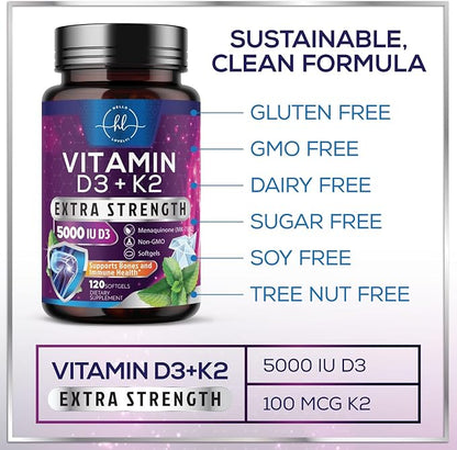 Vitamin D3 K2 - Vitamin D3 (5000 iu) & 100 mcg Vitamin K2 (MK-7) Complex for Immune Support & Bone, Teeth & Muscle Health - Easy to Swallow, Gluten Free, Non-GMO, Bottled in USA - 120 Softgels