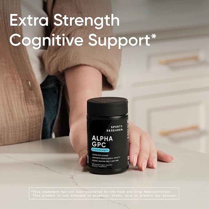 Sports Research® Alpha GPC 630mg (Extra Strength) - Bioavailable Source of Choline - Focus & Cognitive Support for Women & Men - Vegan Certified · Non-GMO · Gluten Free - 60 Liquid Capsules