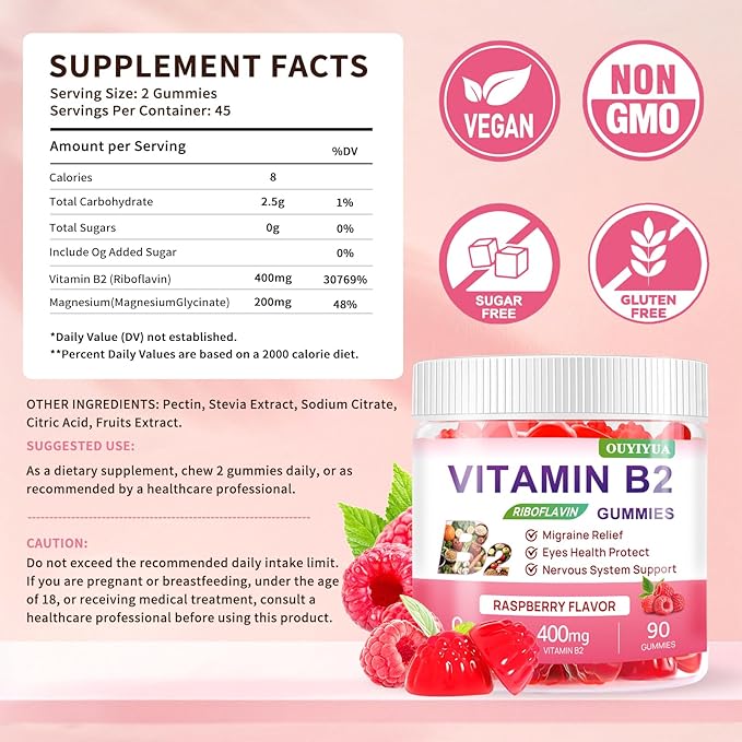 Vitamin B2 Gummies Riboflavin 400mg Supplement with Magnesium for Kids & Adults B2 Gummies for Migraine Relief, Headache Relief & Nervous System Support, Vegan, Sugar-Free, Raspberry Flavor 90 Count