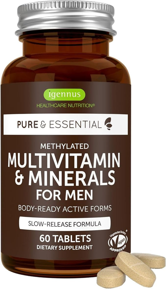 Igennus Methylated Men's Multivitamin with 22 Actives, All-Day Nutrient Delivery, Pure & Clean, Methylfolate & Methylcobalamin, High Strength MTHFR Supplement, Non-GMO & Halal, 60 Tablets