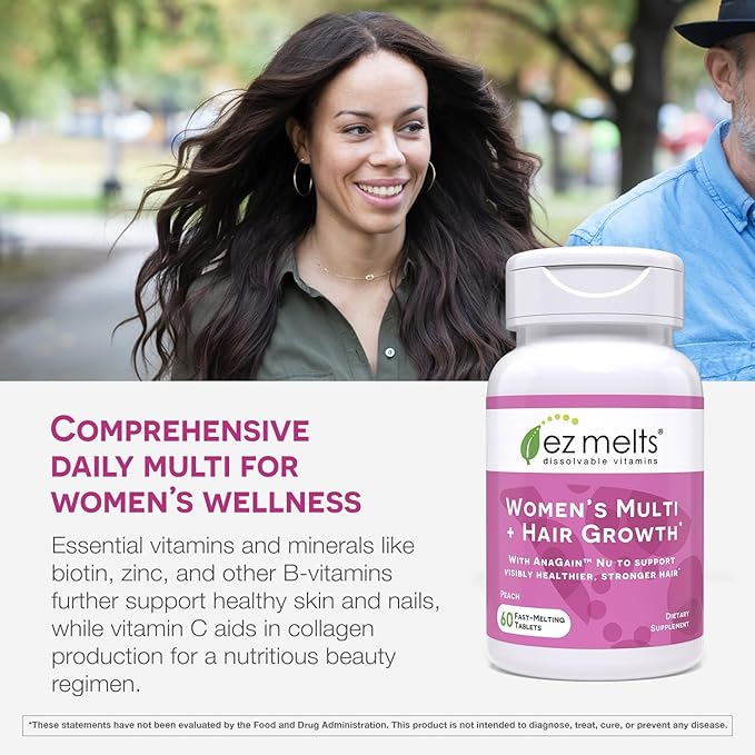 EZ Melts Dissolvable Women’s Multivitamin + Hair Growth with Biotin, Bamboo Extract & Clinically Studied AnaGain Nu, Supports Visibly Healthier, Stronger Hair, Sugar-Free Peach Flavor - 1 Pack