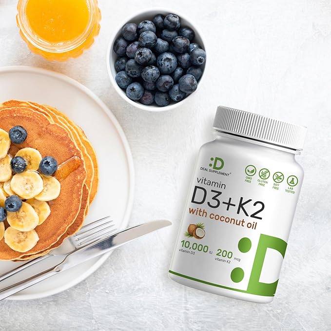 DEAL SUPPLEMENT Vitamin D3 10,000 IU + K2 MK7 200mcg Softgels, 250 Count | 2-in-1 Complex with Virgin Coconut Oil | Supports Heart, Bone, Teeth & Immune Health | Easy to Swallow