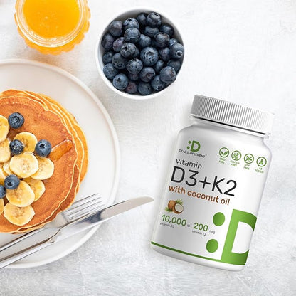 DEAL SUPPLEMENT Vitamin D3 10,000 IU + K2 MK7 200mcg Softgels, 250 Count | 2-in-1 Complex with Virgin Coconut Oil | Supports Heart, Bone, Teeth & Immune Health | Easy to Swallow