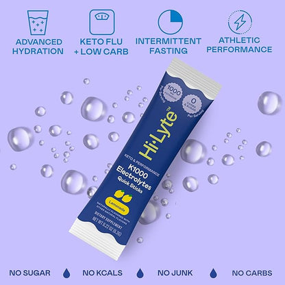 Hi-Lyte Keto & Performance - K1000 Electrolyte Quick Sticks - Lemonade - 1000mg Potassium, Magnesium, Calcium - Single-Serve Packets for Keto Hydration Support - No Sugar, No Carbs