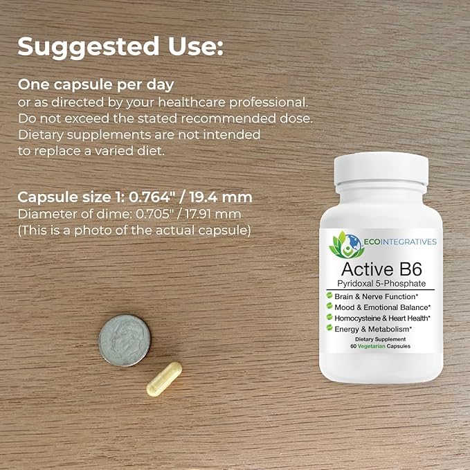 EcoIntegratives® Active B6 – 33.8 mg Pyridoxal 5-Phosphate (P5P), High Potency Active Vitamin B6 for Energy, Mood, Nerve and Heart Support* – Non-GMO, Gluten Free, 60 Vegetarian Capsules