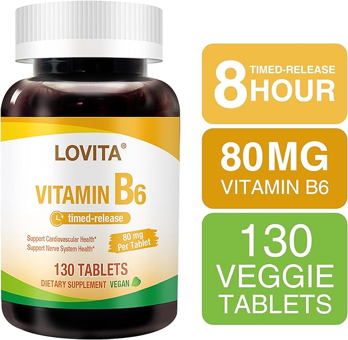 Lovita Vitamin B6 (Pyridoxine Hydrochloride) 80mg, Timed Release, 8 Hours Sustained, Support Cardiovascular & Nerve Health, 130 Vegan Tablet