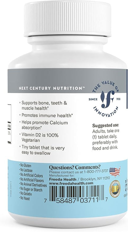 FREEDA Vitamin D2 2000 IU – Vegan Vitamin D for Bone Strength & Immune Support – Vegan Ergocalciferol D2 Supplement – 100 Tiny Tablets