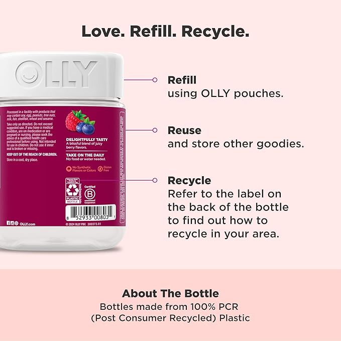 OLLY Women's Daily Multivitamin Gummy, Vitamins A, D, C, E, Biotin, Folic Acid, Adult Chewable Vitamin, Berry Flavor, 65 Day Supply - 130 Count