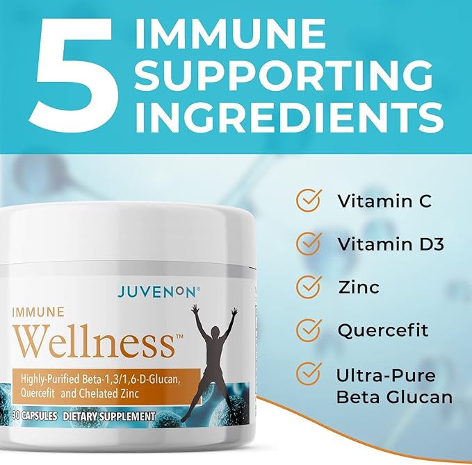 Juvenon Immune Wellness Defense Supplement with Vitamin C, Chelated Zinc Immune Booster Antioxidant Benefits for Adults, Healthy Aging, Heart Health, 30 Capsules